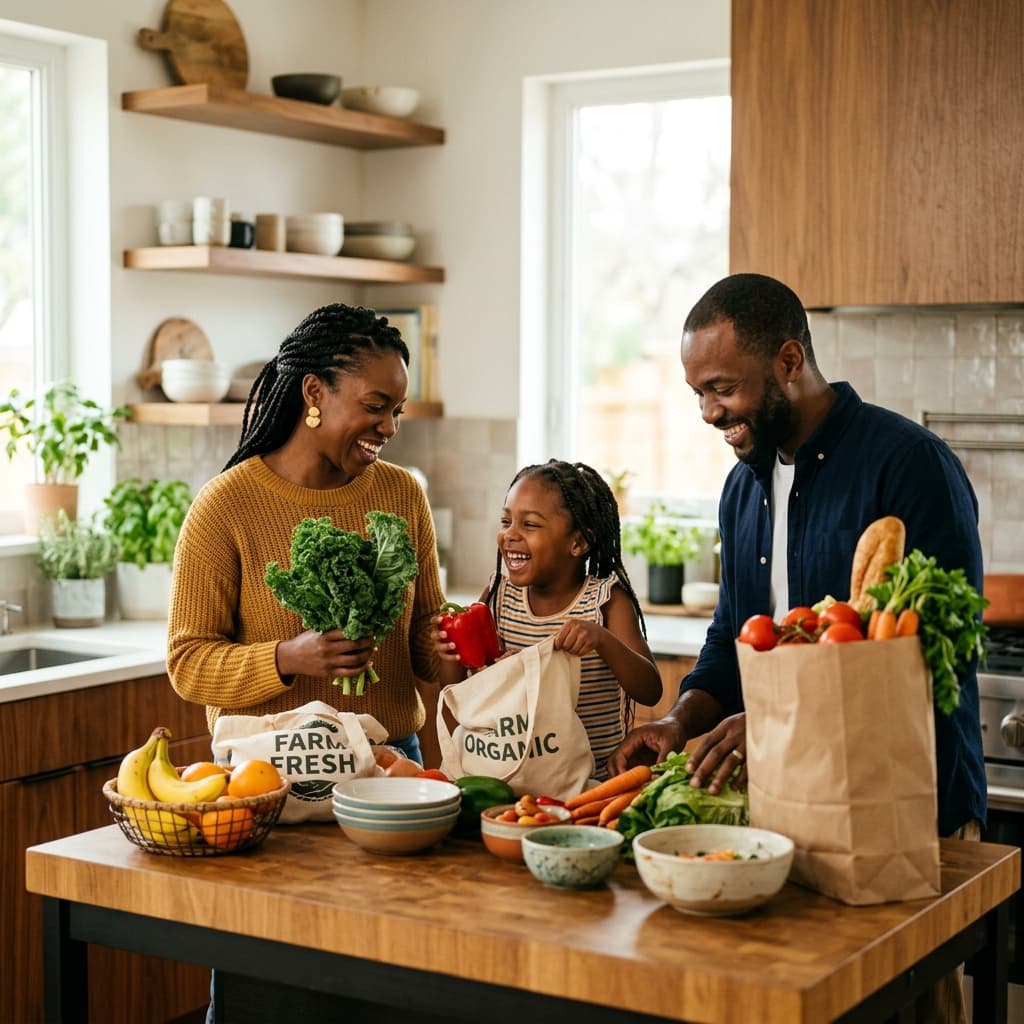 African family unpacking groceries in a modern kitchen